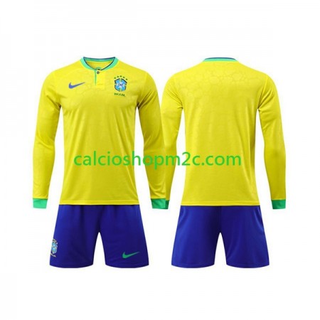Brasile Bambino Maglia Prima World Cup 2022 Manica Lunga (+ Pantaloncini)